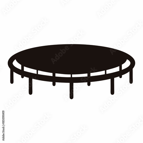 Trampoline Silhouette Icon Recreation Equipment- Black silhouette illustration of a round trampoline, representing outdoor play, fitness activity, childhood fun, and recreational sports equipment.
