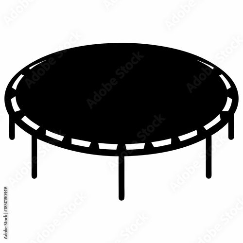 Trampoline Silhouette Icon Recreation Equipment- Black silhouette illustration of a round trampoline, representing outdoor play, fitness activity, childhood fun, and recreational sports equipment.
