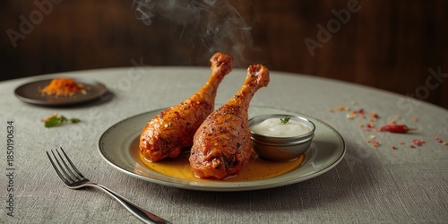 Fototapeta Naklejka Na Ścianę i Meble -  Grilled chicken legs with a vibrant yellow sauce, spice and marinade, Food Safety Awareness