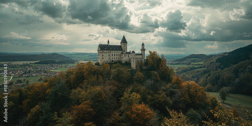 Fototapeta premium Schattenburg Castle in Feldkirch, Austria, built in 1200, with surrounding vineyards and fall foliage, overlooking a village, seasonal change