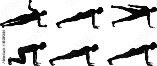 Athletic bodyweight exercise silhouettes demonstrating plank push up variations for core strength fitness training workout illustration