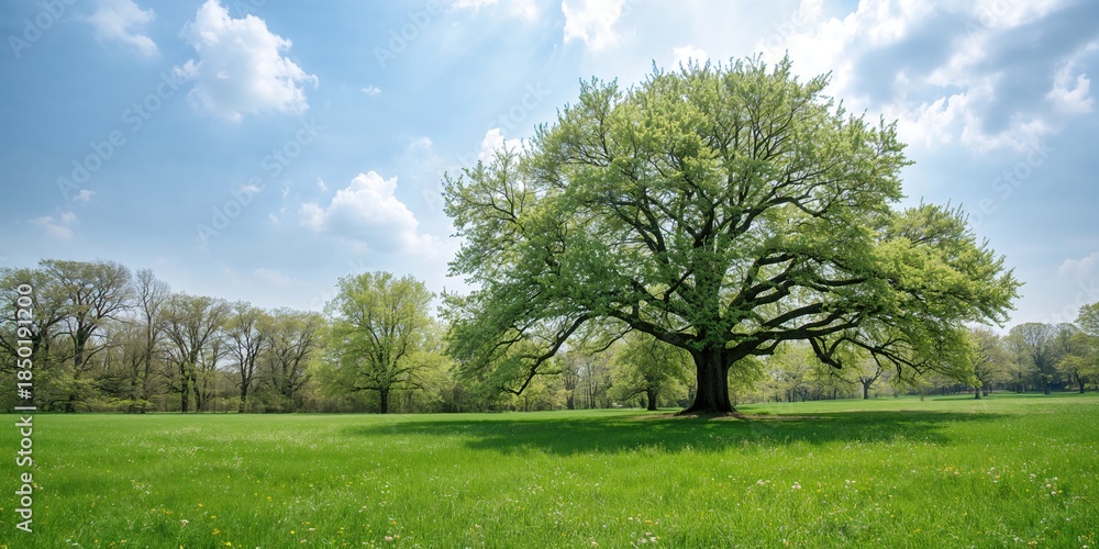 Fototapeta premium Landscaped spring meadow featuring trees and grass under a clear sky, emphasizing seasonal renewal