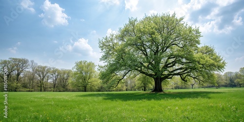 Fototapeta Naklejka Na Ścianę i Meble -  Landscaped spring meadow featuring trees and grass under a clear sky, emphasizing seasonal renewal