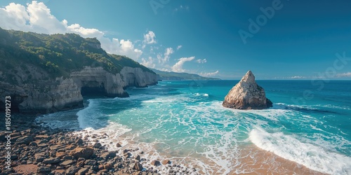 Fototapeta Naklejka Na Ścianę i Meble -  Seascape with rugged cliffs and crashing waves, shoreline stability study