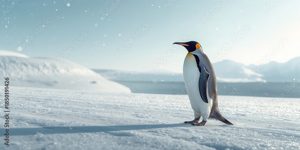 Obraz premium King penguin standing on ice, emphasizing seasonal change and habitat preservation