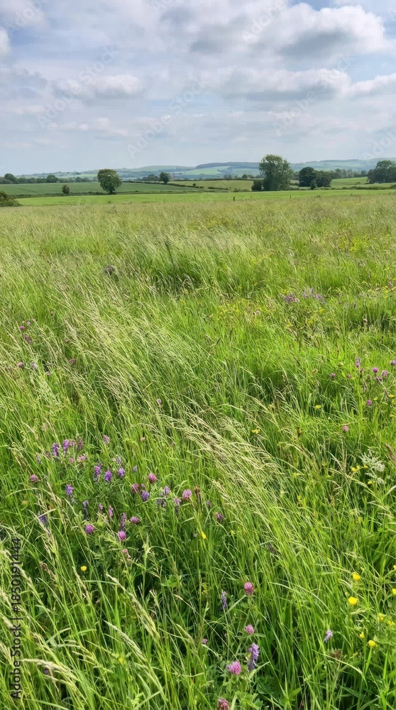 Fototapeta premium Lush Green Countryside Landscape with Colorful Wildflowers in Summer
