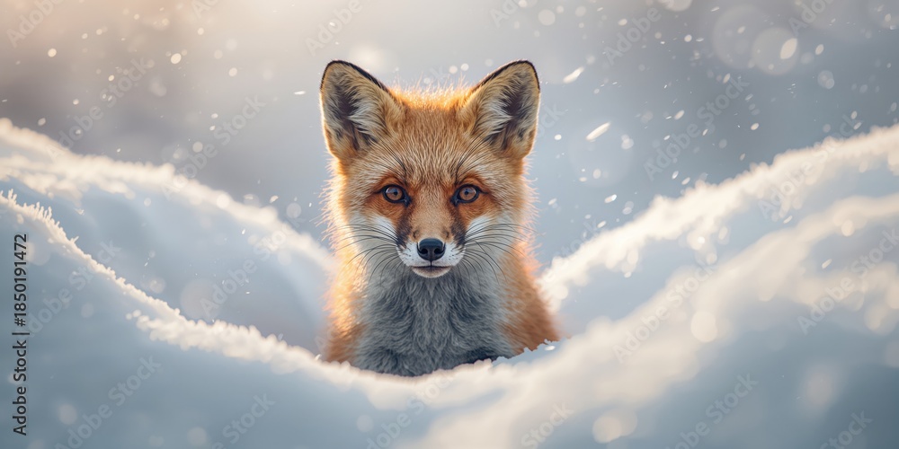 Obraz premium Snow-covered mountain setting with a red fox hunting, illustrating winter predator behavior