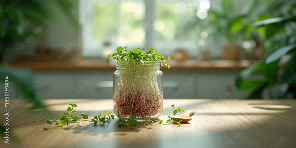 Obraz premium Microgreens in a jar serving as a nutrient-dense garnish, highlighting food preparation practices