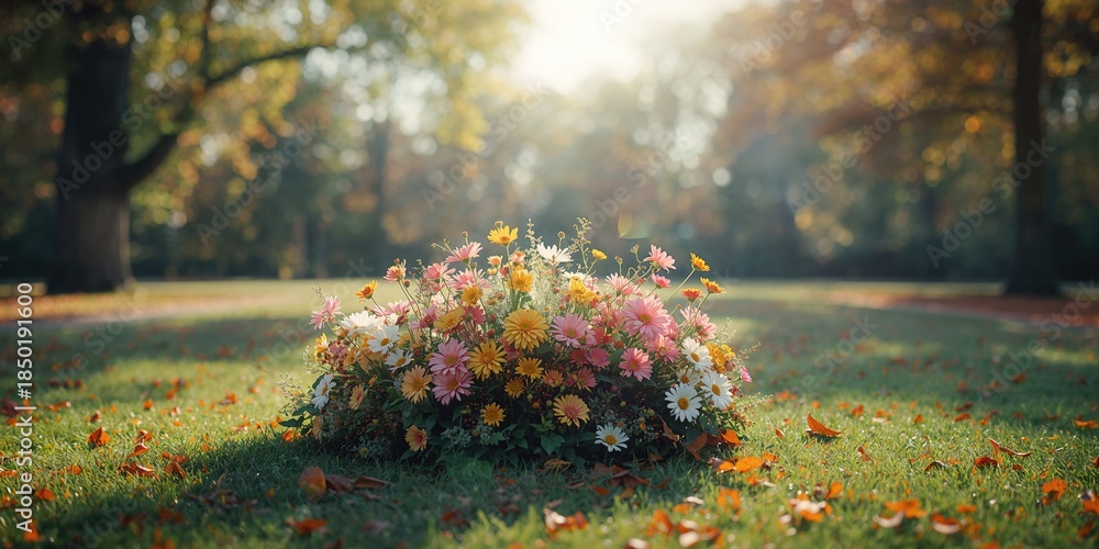 Obraz premium Autumn garden featuring asters, dahlias, and daisies in a sunny park, floral diversity