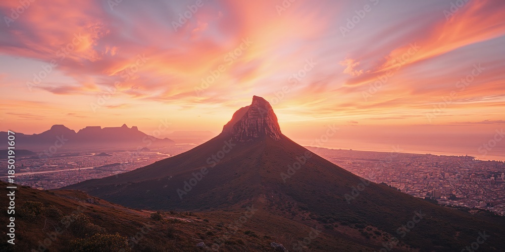 Obraz premium Panoramic shot of Table Mountain and 12 Apostles seen from Lions Head, highlighting geological formations and scenic outlook