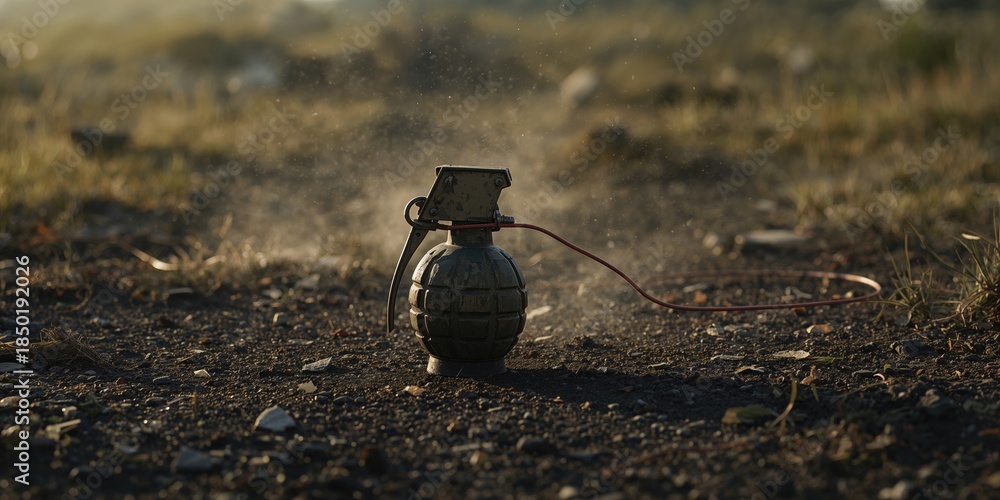 Obraz premium Soviet Hand Grenade F1 connected to a booby trap with tripwire, highlighting explosive safety concerns