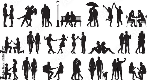 Black silhouette of romantic couples in various poses isolated on white background, diverse group of men and women figures vector illustration, love. (Exactly 22 words)