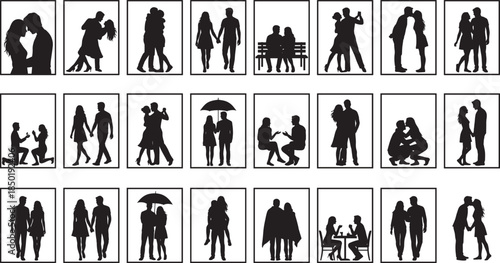 Black silhouettes of romantic couples in various poses within rectangular frames, diverse group of men and women figures vector illustration, love story. (Exactly 22 words)
