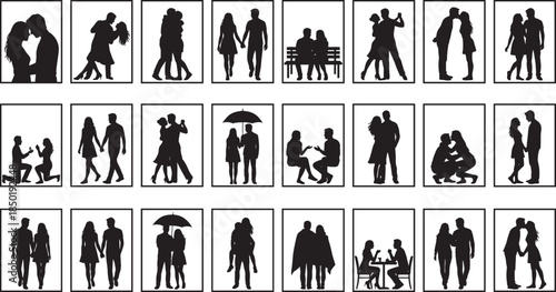 Black silhouette Christmas icons set isolated on white background, festive holiday symbols with Santa Claus, reindeer, snowman, gingerbread man, snowflake, gift, bells.