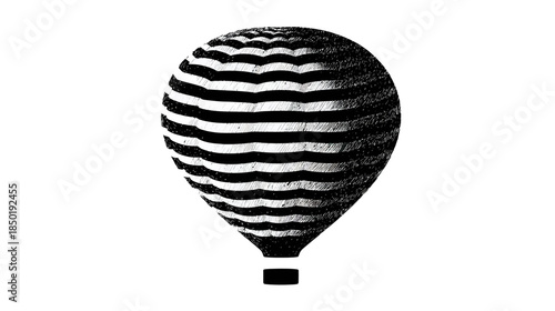Abstract black and white striped hot air balloon illustration, vintage engraving style graphic design element for travel concept