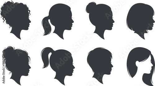 Black silhouette of female head profiles with different hairstyles isolated on white background, diverse woman portrait vector illustration, beauty hair salon symbols. (Exactly 22 words)