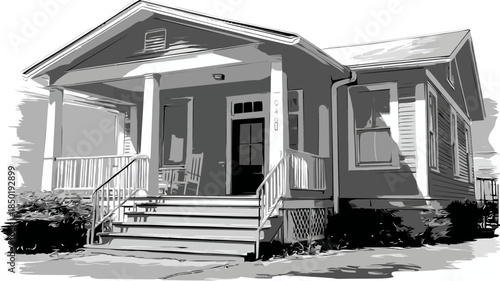 Black and white vector illustration of a traditional single-family house with a welcoming front porch, columns, and steps. Classic home architecture.