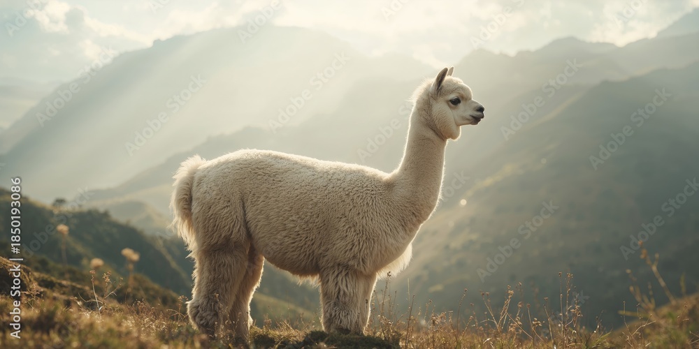 Fototapeta premium Profile of a white alpaca in a rural landscape, highlighting fiber quality and regional environment, World Animal Day