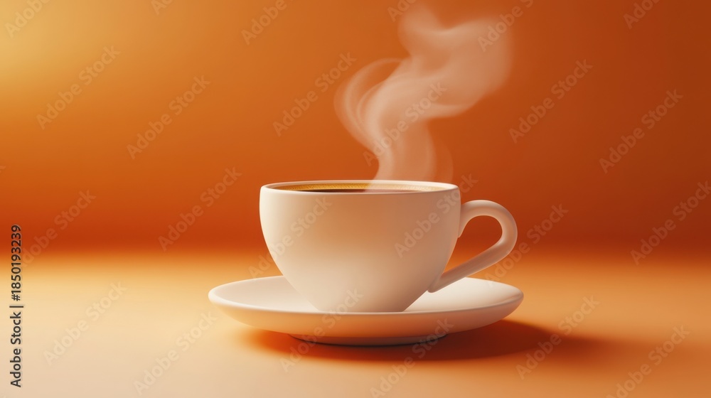 Obraz premium A cup of coffee with steam rising from it, placed on a saucer against an orange gradient background