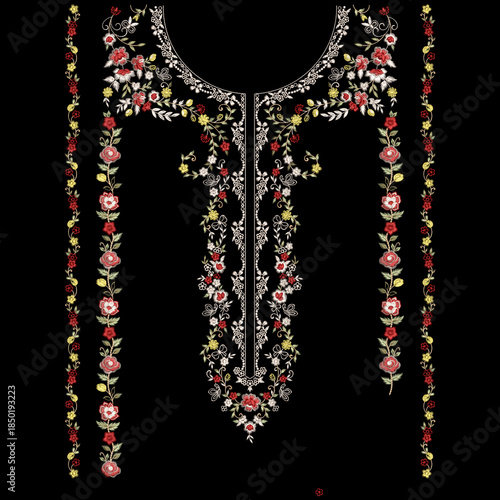 A beautiful embroidery neckline design for digital and textile print on fabric for trendy women wear illustration.
