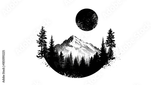 Vintage style black and white illustration of a majestic mountain peak surrounded by pine forest trees and a celestial body. Wilderness nature graphic.