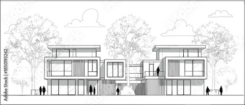 Architectural Drawing of Modern Multi- Story Buildings with People architecture house
