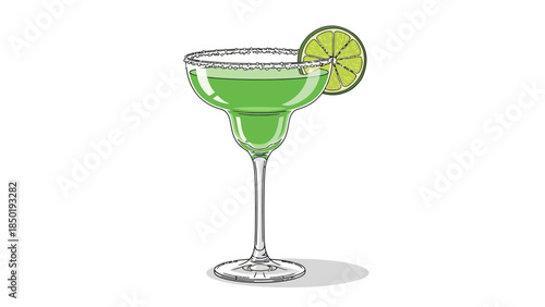 Green cocktail in a saltrimmed margarita glass with a lime wheel