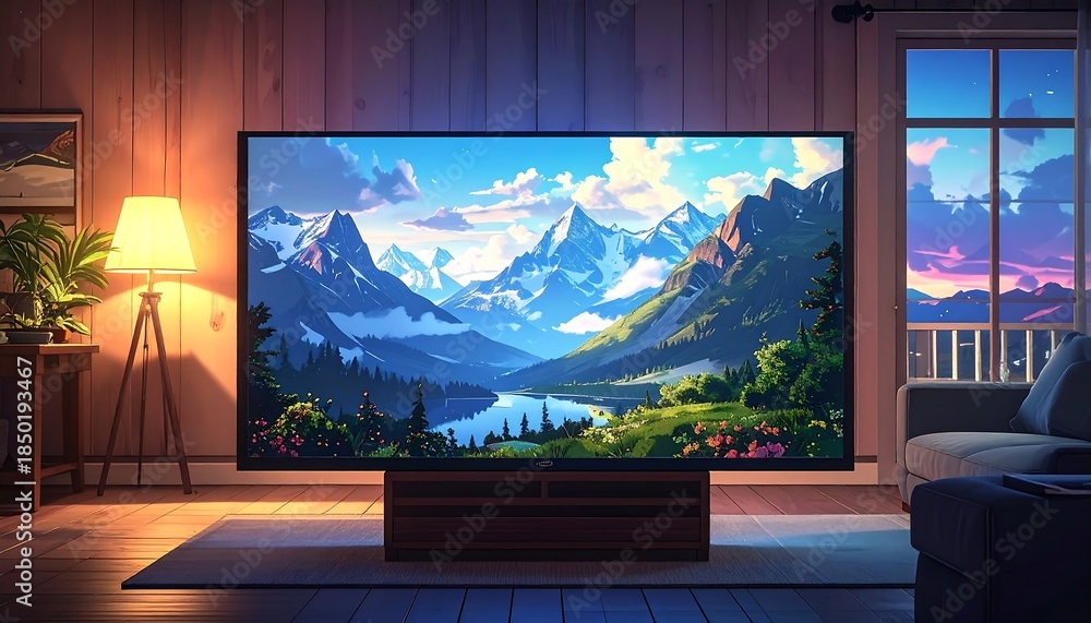 Fototapeta premium Cozy living room with large TV displaying landscape