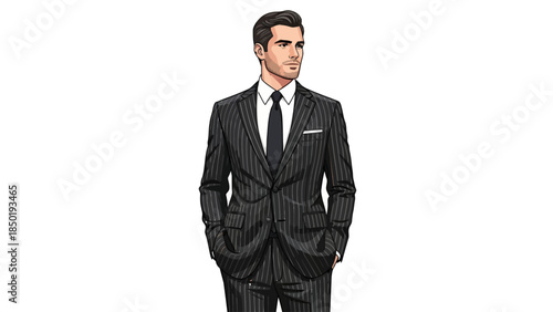 Illustrated man in dark pinstripe suit white shirt and black tie