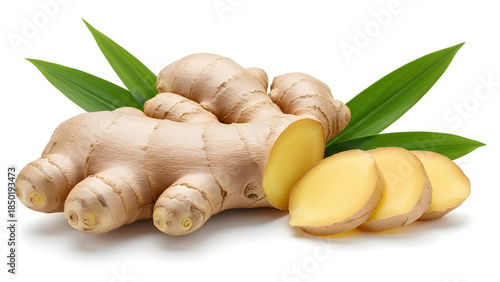Fresh ginger root with slices and leaves isolated