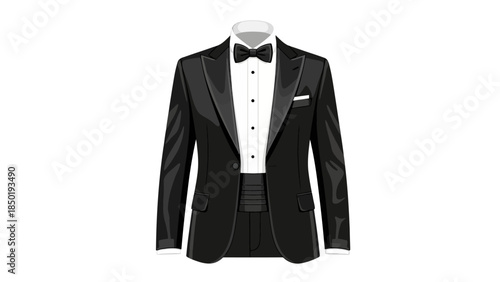 Illustration of a black tuxedo jacket white shirt bow tie and cummerbund