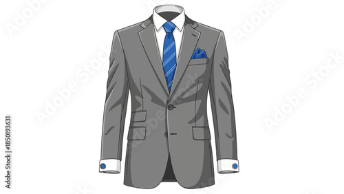 Illustration of a gray suit jacket with blue accessories on a white background