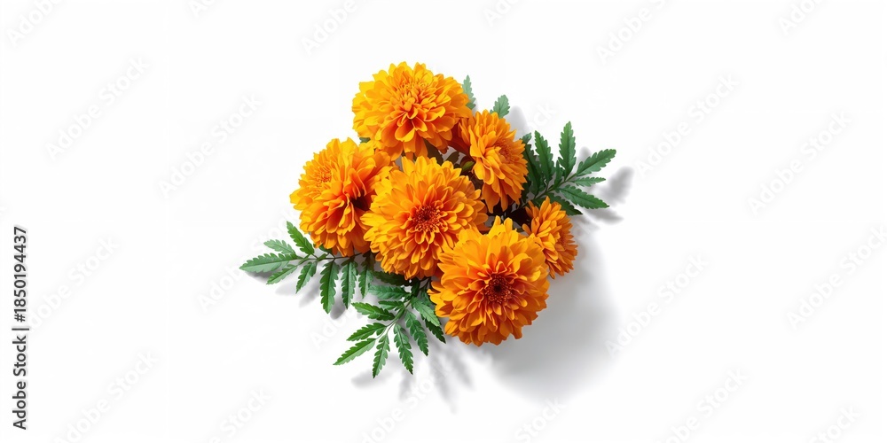 Obraz premium Marigold blossoms and foliage arranged on a white surface, used as background for floral layouts or botanical studies