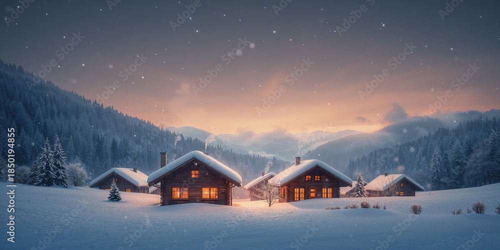 Fototapeta premium Small wooden houses with glowing windows, ideal for creating cozy winter scene backgrounds
