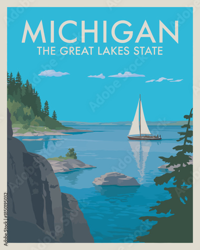 Michigan The Great Lakes State Flat Style Vector Illustration for Card Poster and Postcard