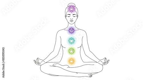 Line drawing of a person meditating with four colored chakras on the torso