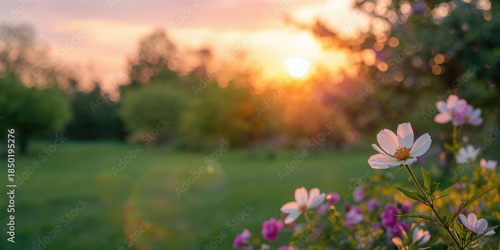 Obraz premium Summer garden scene with flowers and fruits at sunset, seasonal bloom and natural growth, Earth Day