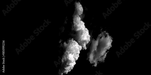 white Clouds on black background. Explosion smoke cloud. Isolated on transparent background. Voluminous swirling smoke cloud billows and curls in the darkness, creating an abstract and dynamic visual.