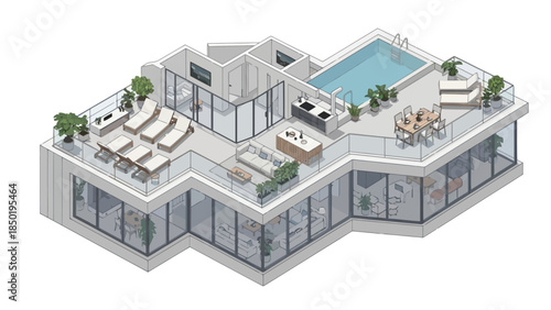 Isometric penthouse rooftop view with a pool deck and outdoor kitchen