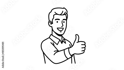 Line art drawing of a smiling man giving a thumbsup gesture
