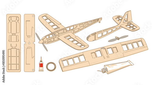Lasercut balsa wood model airplane assembly kit components displayed
