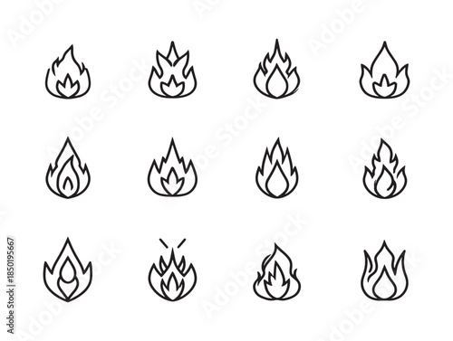 Collection of black and white flame icons or symbols in various shapes