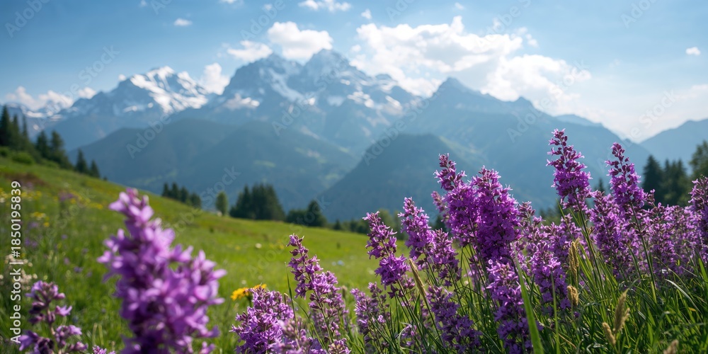 Obraz premium Purple flowers in the Bavarian mountains background, floral display for outdoor scenery and seasonal bloom, Earth Day