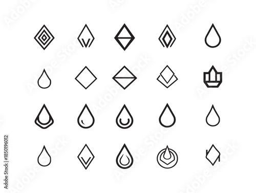 Collection of 16 unique teardrop and geometric icons in black and white