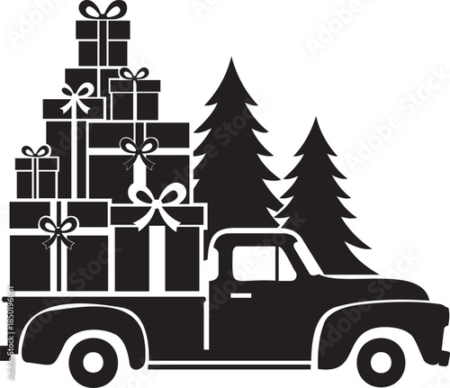 Vintage truck carrying stack of christmas gifts and pine trees silhouette