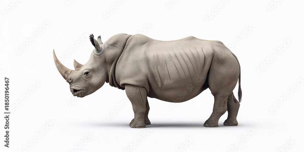 Obraz premium Side view of a rhinoceros with textured skin and prominent horn, natural animal photography, wildlife preservation focus