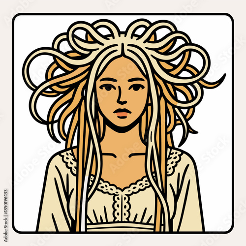 Portrait of woman with wild flowing dreadlocks in rectangular frame, bold line art face with bohemian hair texture and calm serious gaze