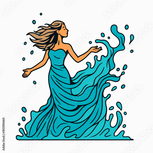 Graceful woman in flowing aqua gown with water splash swirl, elegant dancing pose with droplets and motion lines in bold fantasy style