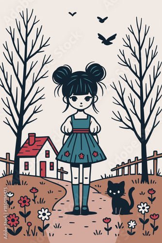 Gothic cute girl with double buns standing by red roof cottage and bare winter trees, moody minimalist countryside scene with dark whimsy