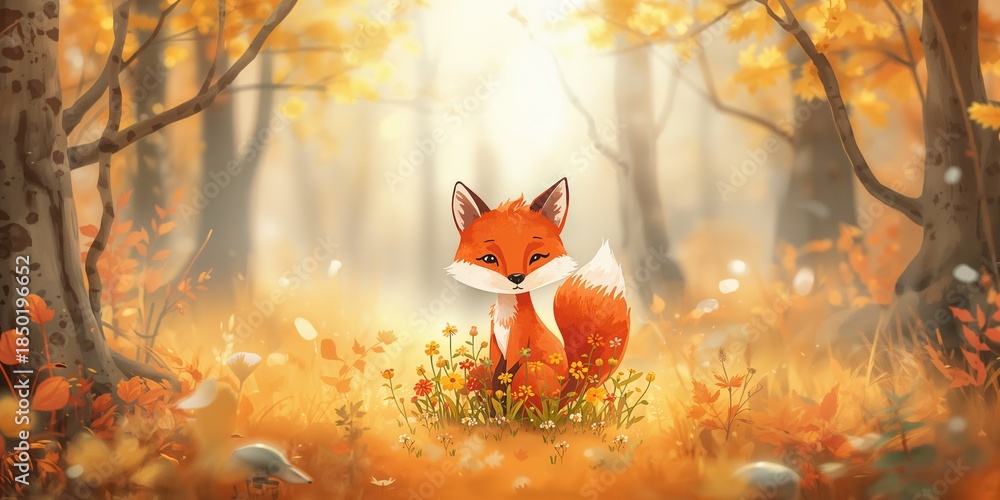 Obraz premium Cute fox surrounded by autumn foliage in a forest setting, highlighting seasonal wildlife behavior